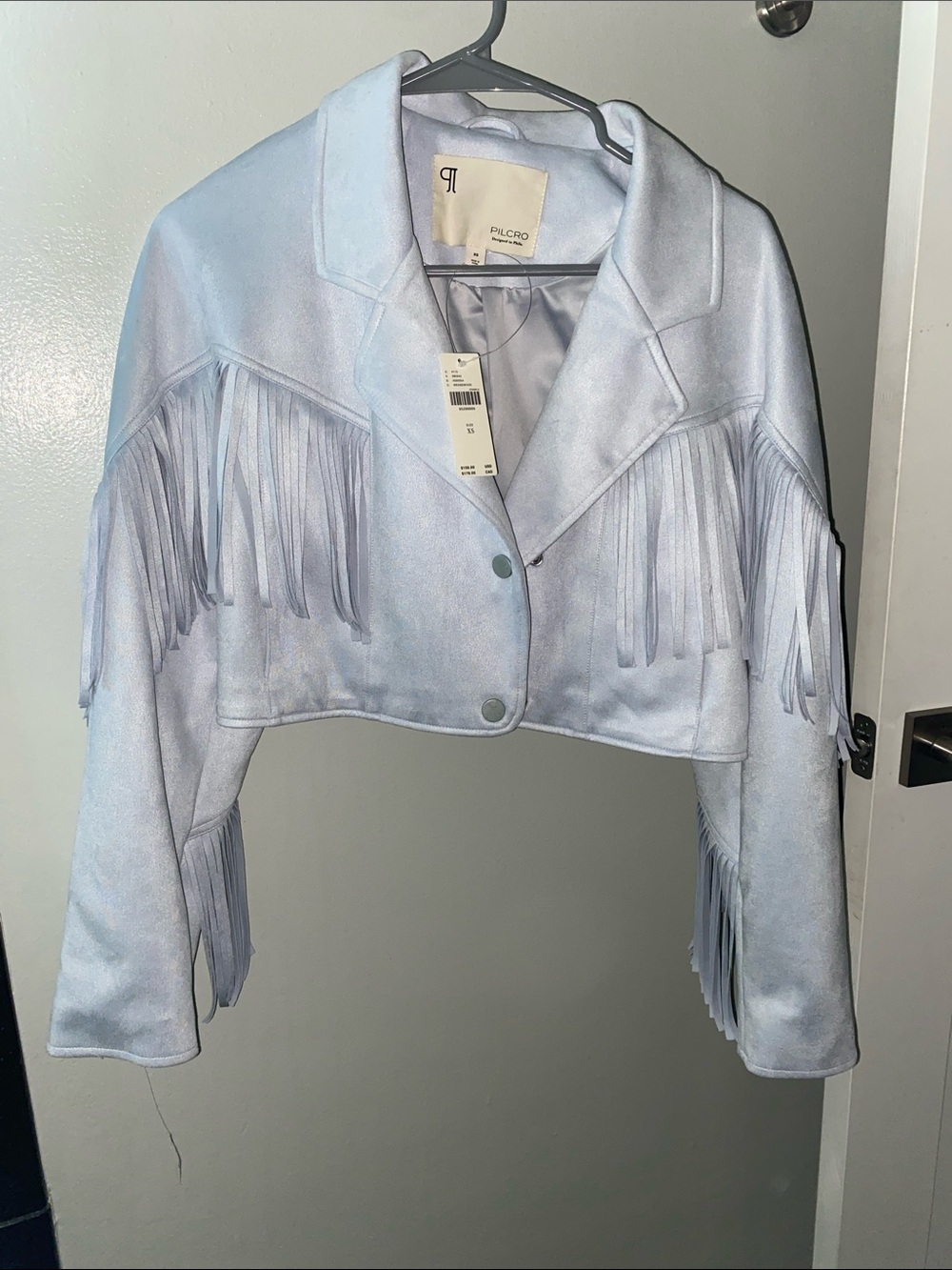 Anthropologie pale blue Faux-Suede Fringe Moto Jacket